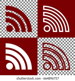 RSS sign illustration. Vector. Bordo and white icons and line icons on chess board with transparent background.