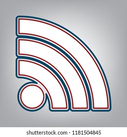 RSS sign illustration. Vector. Dark red, transparent and midnight green stroke of white icon at grayish background.