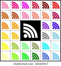 RSS sign illustration. Vector. Felt-pen 33 colorful icons at white and black backgrounds. Colorfull.