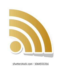 RSS sign illustration. Vector. Golden gradient icon with white contour and rotated gray shadow at white background.