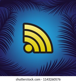 RSS sign illustration. Vector. Golden icon with black contour at blue background with branches of palm trees.