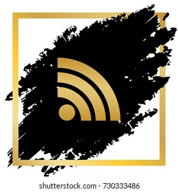 RSS sign illustration. Vector. Golden icon at black spot inside golden frame on white background.
