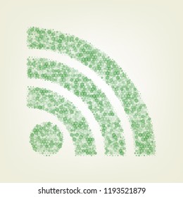 RSS sign illustration. Vector. Green hexagon rastered icon and noised opacity and size at light green background with central light.