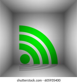 RSS sign illustration. Vector. Green icon with shadow in the room.