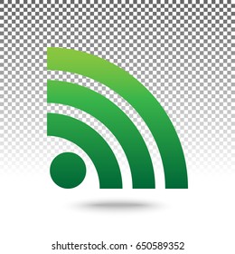 RSS sign illustration. Vector. Green gradient icon with shadow at bottom on transparent and white background.