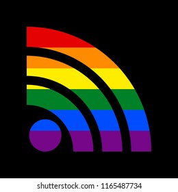 RSS sign illustration. Vector. Icon with colors of LGBT flag at black background.