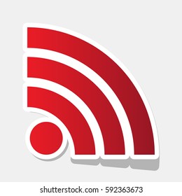 RSS sign illustration. Vector. New year reddish icon with outside stroke and gray shadow on light gray background.