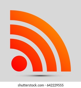 RSS sign illustration. Vector. Orange, red-yellow icon with shadow on gray background.