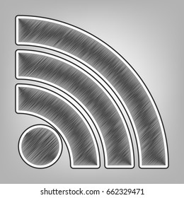 RSS sign illustration. Vector. Pencil sketch imitation. Dark gray scribble icon with dark gray outer contour at gray background.