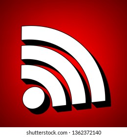 RSS sign illustration. Vector. Perspective view of white icon with black outline at reddish background.