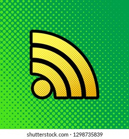 RSS sign illustration. Vector. Pop art orange to yellow dots-gradient icon with black contour at greenish background.