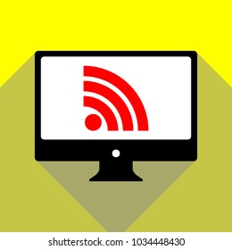 RSS sign illustration. Vector. Red icon on white monitor of black all-in-one desktop computer with two shadows at yellow background.