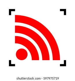 RSS sign illustration. Vector. Red icon inside black focus corners on white background. Isolated.