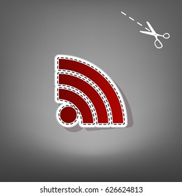 RSS sign illustration. Vector. Red icon with for applique from paper with shadow on gray background with scissors.