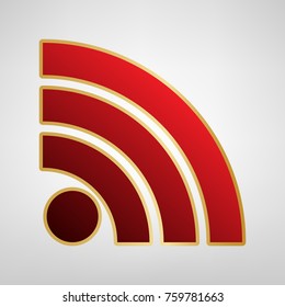 RSS sign illustration. Vector. Red icon on gold sticker at light gray background.