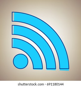 RSS sign illustration. Vector. Sky blue icon with defected blue contour on beige background.