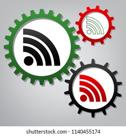 RSS sign illustration. Vector. Three connected gears with icons at grayish background.