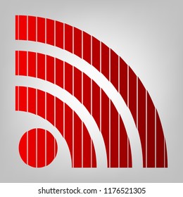 RSS sign illustration. Vector. Vertically divided icon with colors from reddish gradient in gray background with light in center.