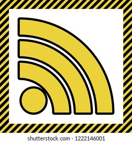RSS sign illustration. Vector. Warm yellow icon with black contour in frame named as under construction at white background. Isolated.
