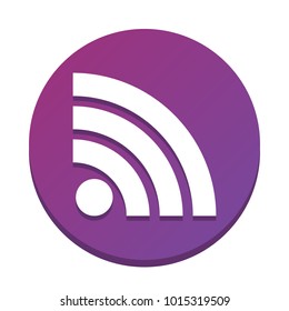 RSS sign illustration. Vector. White icon with flat shadow on purpureus circle at white background. Isolated.