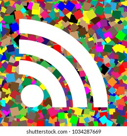 RSS sign illustration. Vector. White icon on colorful background with seamless pattern from squares.