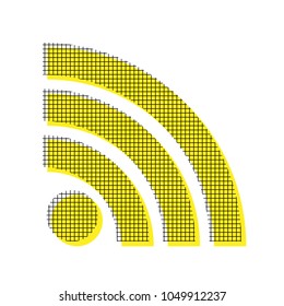 RSS sign illustration. Vector. Yellow icon with square pattern duplicate at white background. Isolated.