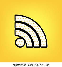 RSS sign illustration. Vector. Yellow polka dot white icon with black contour at warm yellow background.