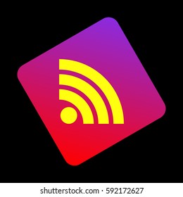 RSS sign illustration. Vector. Yellow icon at violet-red gradient square with rounded corners rotated for dynamics on black background.
