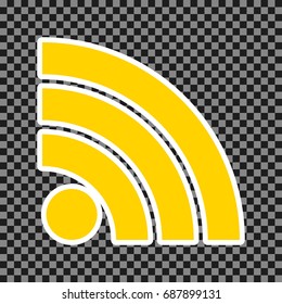 RSS sign illustration. Vector. Yellow icon with white contour on dark transparent background.