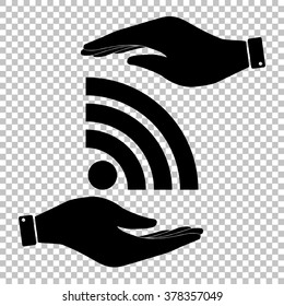 RSS sign. Save or protect symbol by hands.