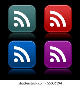 RSS symbol on web 2.0 internet button. Colorful smooth rounded square shapes with reflection on black background