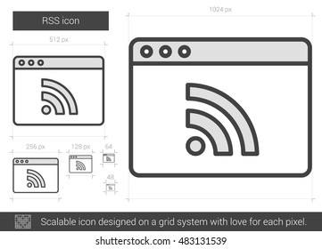 Icono de línea vectorial RSS aislado en fondo blanco. Icono de línea RSS para infografía, sitio web o aplicación. Icono escalable diseñado en un sistema de cuadrícula.