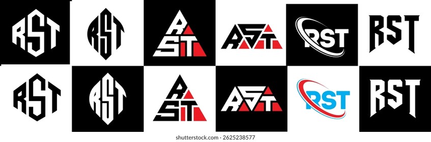 RST letter logo design in six style. RST polygon, circle, triangle, hexagon, flat and simple style with black and white color variation letter logo set in one artboard. RST minimalist and classic logo