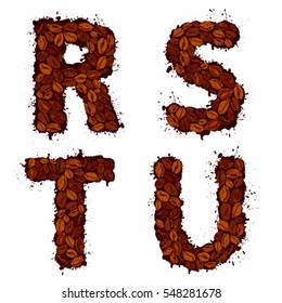 RSTU, english alphabet letters, made of coffee beans, in grunge style, isolated on white background 