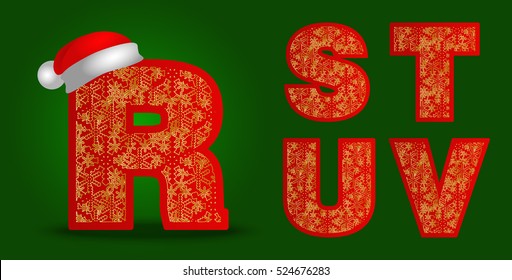 RSTUV, vector christmas font on green background. Letters with santa hat and snowflakes. 