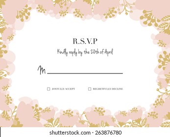 RSVP Card. To use for your reply wedding card. Decorated with a frame made of flowers and text centered in the middle of the card.