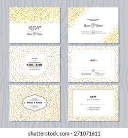 RSVP Cards Set with Gold Confetti Borders. Vector Wedding Invitations Design.