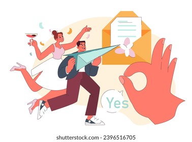 RSVP concept. An enthusiastic couple rides a paper plane towards a giant Yes RSVP envelope. Accepting the invite with zest. Adventure awaits. Flat vector illustration.