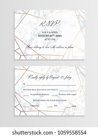 RSVP geometric design card template. Two sides.. White marble background and rose gold geometric pattern. Dimensions 5x3.5 inch. Seamless pattern included. Eps10.