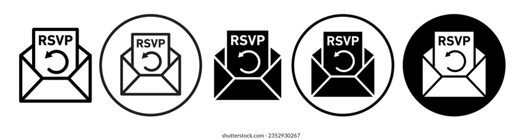 RSVP Icon. Please respond to confirm event invitation symbol for web app ui use. Vector set of email newsletter to ask post answer to accept party card through postal mail. Flat outline of envelope 