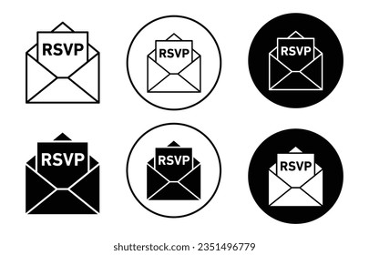 RSVP icon set. invitation envelope vector symbol. party invite email sign in black filled and outlined style.