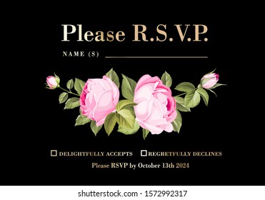 RSVP Invitation Card with floral rose garland and tepmplate text. Vector illustration.