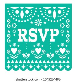 RSVP, respond please Papel Picado vector card, Mexican paper cutout style design with flowers and abstract shapes. Cut out design for wedding party or event, traditional decor from Mexico,