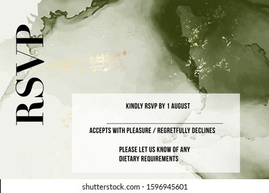 RSVP Vector soft green wedding card, contrast marble alcohol ink with  gold template, artistic covers design, colorful gradient texture, realistic card with soft liquid flow.