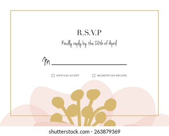 RSVP wedding card. One big flower cropped on the bottom decorated with a golden frame. Vector and illustration design.