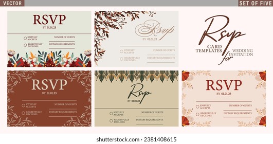 Plantillas de tarjetas de matrimonio RSVP en colores de otoño. Conjunto de cinco plantillas ornamentales florales con lugar para texto