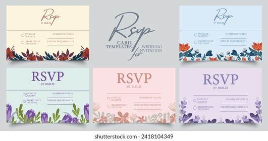 Plantillas de tarjetas de matrimonio RSVP en colores de primavera. Conjunto de cinco plantillas ornamentales florales con lugar para texto