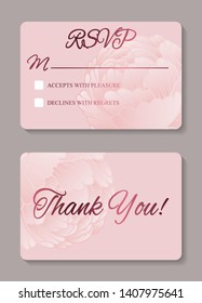 RSVP, wedding invitation design, thank you or greeting card templates with peonies flowers on a pink background.