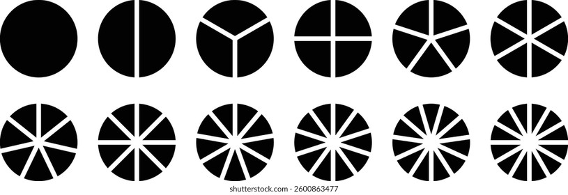 rt divided 4,5,6 equal parts. Set of infographic circle chart, pies segmented with equal parts. Circle diagram with sections or parts. Pie chart infographic set