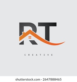 RT House Letter Logo – Monograma inmobiliario creativo con forma de techo e icono del hogar para la propiedad, la arquitectura y la identidad de marca moderna
